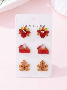 3 Pairs/Set Thanksgiving Sparkling Turkey, Maple Leaf, Pumpkin Pie Design Women's Fashion Jewelry Stud Earrings Set, Perfect Gift For Holiday Party - Multicolor - View 1