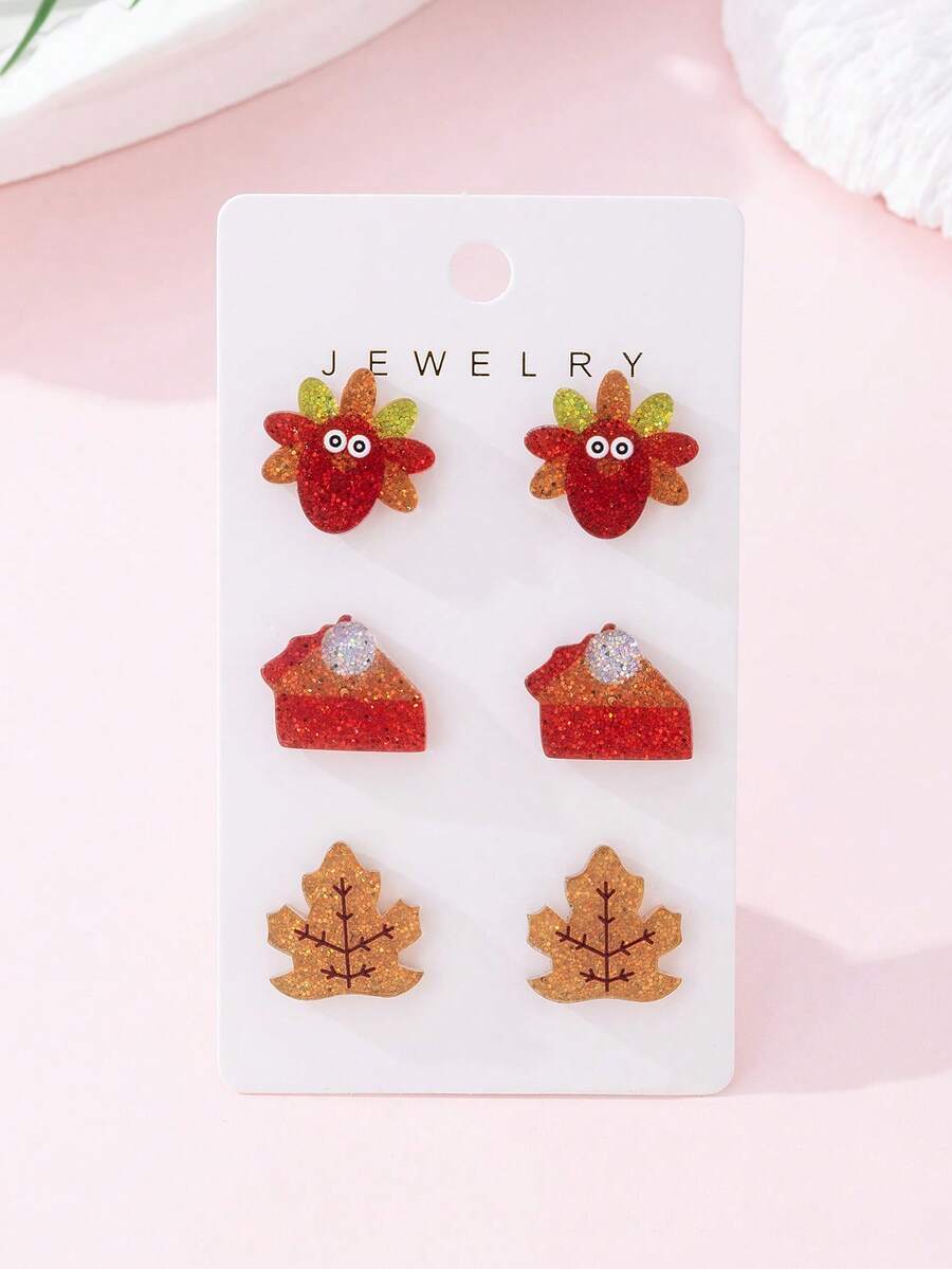 3 Pairs/Set Thanksgiving Sparkling Turkey, Maple Leaf, Pumpkin Pie Design Women's Fashion Jewelry Stud Earrings Set, Perfect Gift For Holiday Party - Multicolor - View 1