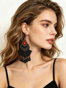 1 paire de nouvelles boucles d'oreilles en dentelle à franges nobles européennes et américaines, boucles d'oreilles pour femmes vintage, bijoux de extérieur - Noir - Voir 8