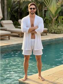Conjunto Masculino Praia em Tule – Kimono + Shorts Leve Transparente | Linha Summer | Moda Verão P M G - Branco - Visão 3
