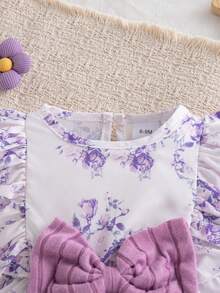 Autumn/Winter Baby Girl Purple Rose Floral Long Sleeve Bodysuit & Ruffle Flutter Sleeve Big Bow Baby Girl 100 Days Celebration Romper With Bow Long Leg Warmers Set - Mauve Purple - View 3