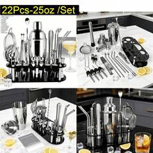 KCJLHGT 2件/16件/22件調酒器套組，750ml(25oz)，750/600ml(25/20oz)波士頓調酒器，不鏽鋼吧台工具組，附黑色壓克力底座，包含調酒配方，適用於調酒、居家、酒吧、派對 - 銀色 - 查看 8