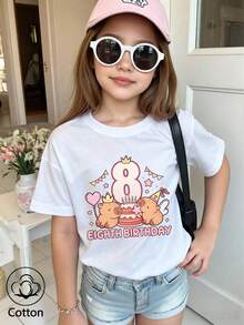 Summer & Autumn Girls' Cotton Short Sleeve T-Shirt, Cute Sweet Girly Preppy Style With Fun Printed Graphics - White - View 3
