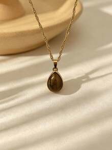 1 Peça Colar Pingente Vintage Marrom de Pedra Preciosa em Aço Inoxidável, Pingente de Pedra Olho de Tigre Geométrico Retangular Oval Redondo com Corrente Choker, Adequado para Uso Diário de Mulheres, Ocasiões de Férias ou Presente de Joias - Castanho - Visão 8