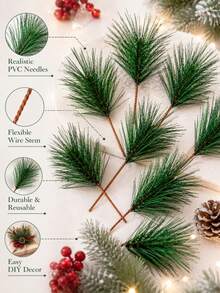 10/20/50pcs Artificial Pine Branch Floral Stems, Green Christmas Pine Branches, Suitable For Wreaths, Garlands, Christmas Trees And Gift Wrapping Decoration, Faux Evergreen Tree Branches, Used For Holiday Crafts, DIY Floral Arrangement, Tabletop Centerpiece Decoration, Winter Party, Home Decor Supplies - Multi-color - View 6