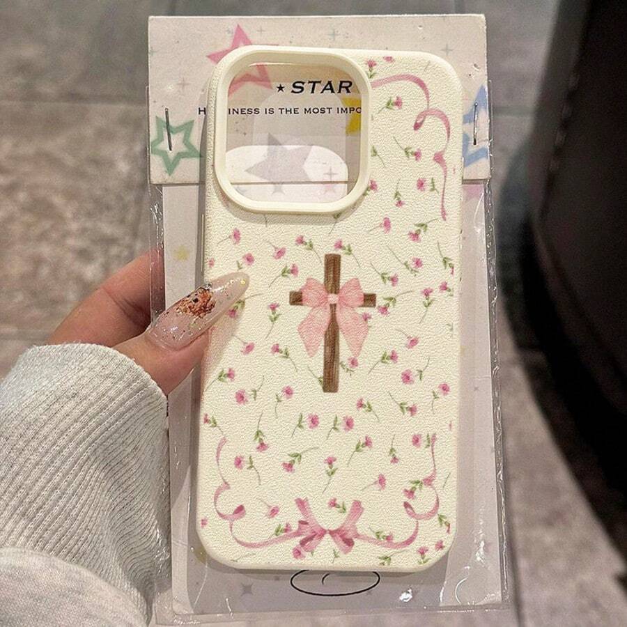1pc TPU Material Sweet Floral Cross Bow Pattern Phone Case Compatible With IPhone 17 Pro Max/17/16 Pro Max/15/13/12/11/ S20 FE/A15/S24/A55/ Note 11/Note 12/Note 13 Pro Full Coverage Anti-Drop Soft Shell Phone Protective Cover - White - View 1