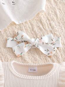 Autumn/Winter Baby Girl Cute Apricot Fuzzy Flutter Sleeve Ruffle Long Sleeve Gentle Floral Bow Bodysuit & Bow Socks & Floral Headband - Apricot - View 8