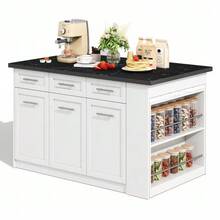 Multifunctional Kitchen Island 150cm + 96cm, Extendable White Dining Table, Black And White Marbled Wood Worktop/Table, Integrated Storage Cabinets, Ideal For Family Kitchens And Shared Dining - White - View 8