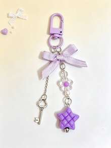 1pc Plaid Bow & Star Backpack Charm, Sweet Girly Bag Pendant, Versatile Hanging Accessory - Multicolor - View 5