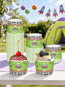 10pcs/20pcs/50pcs 3.39 Inch Top Diameter 2.95 Inch Bottom Diameter 2.4 Inch Height Space Rocket Cow Print Paper Ice Cream Bowls,Green Star Planet Snack Cups,Dessert Containers For Sundae Yogurt Chips,Cartoon Outer Space Birthday Party Table Supplies - Multicolor B - View 5