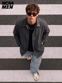 Vintage Leather Patchwork Lapel Mid-Length Jacket, Premium Fashion Streetwear For Men And Women, Spring/Autumn - Dark Grey - View 1