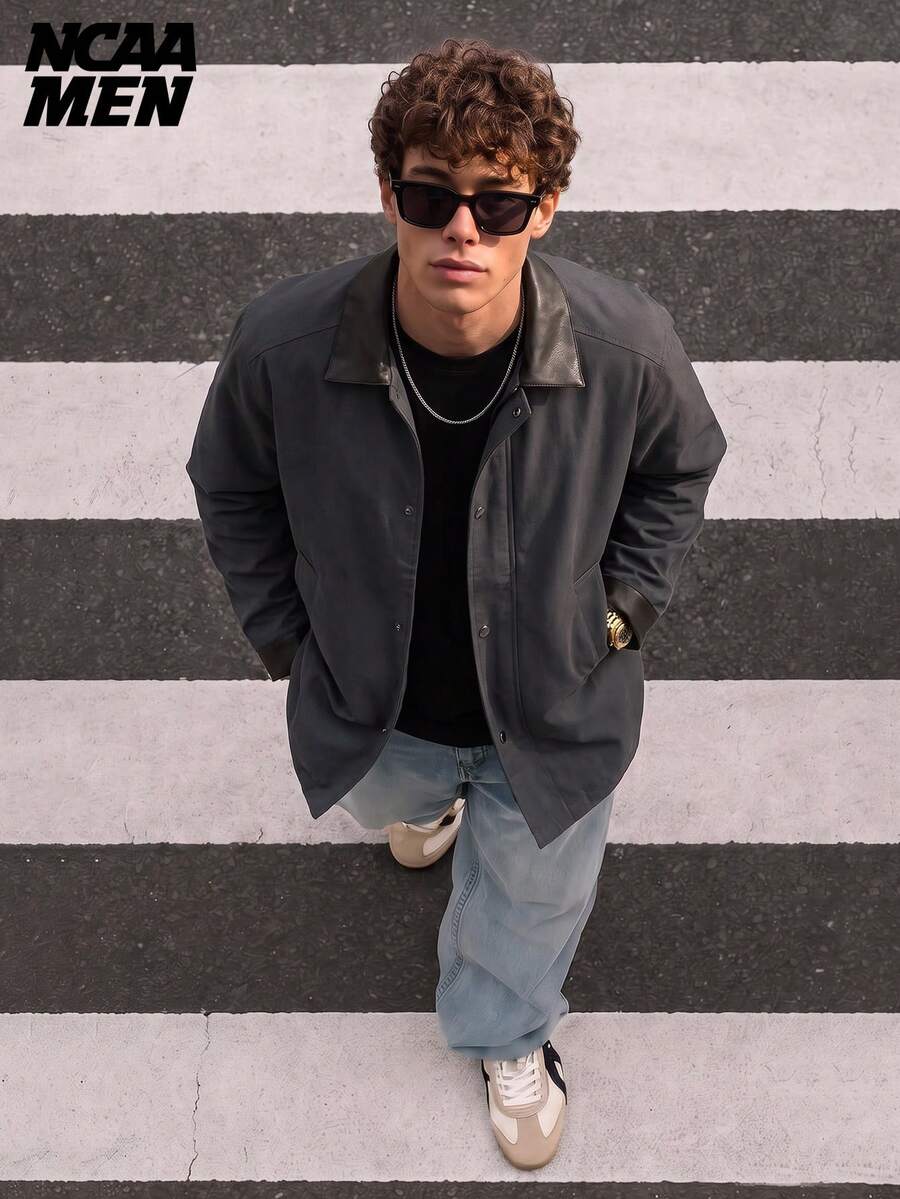 Vintage Leather Patchwork Lapel Mid-Length Jacket, Premium Fashion Streetwear For Men And Women, Spring/Autumn - Dark Grey - View 1