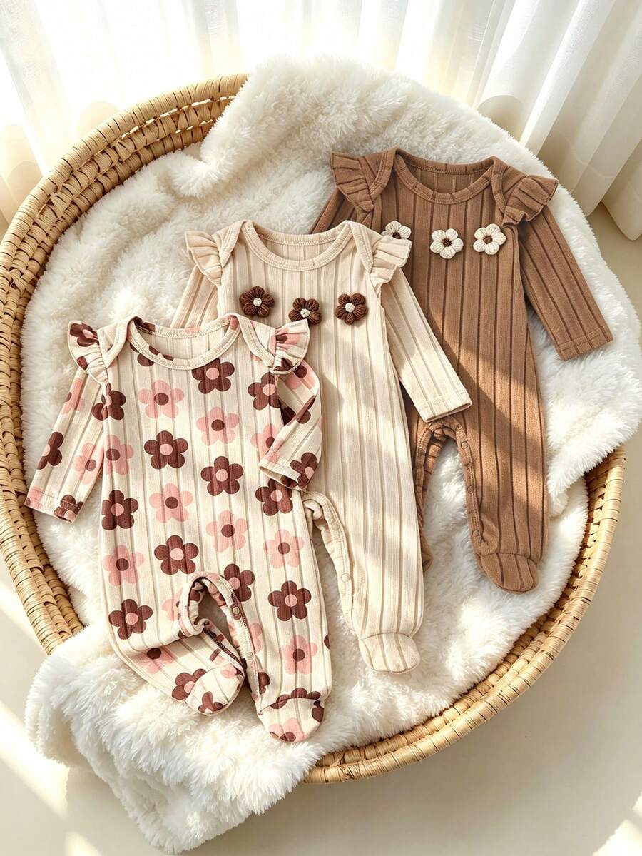 3pcs Baby Girls Autumn/Winter New Floral Print Ruffle Trim Round Neck And Solid Color Floral Embroidered Casual Fashion Rompers - Multicolor - View 1