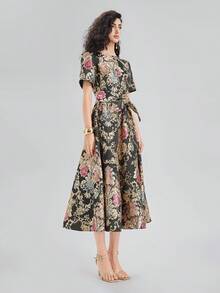 Rich Radi Q's 女款撞色復古編織提花洋裝，適合婚禮、度假，四季皆宜 - 黑色 - 查看 3