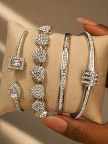 ZCNC Stainless Steel Shiny Rhinestone Layered Bracelet Set For Women, Heart-Shaped Square Crystal Bangle, Christmas Holiday Jewelry Gift Set, For Girlfriend Or Mom - Silver - View 2