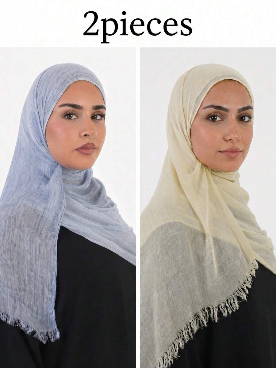 2pcs/Set Dirty Wash Arabic Hijab Thin Solid Color Lightweight Casual Long Scarf Suitable For Daily Use Riffeled Hijab - 1 Yellow 1 Blue - View 1
