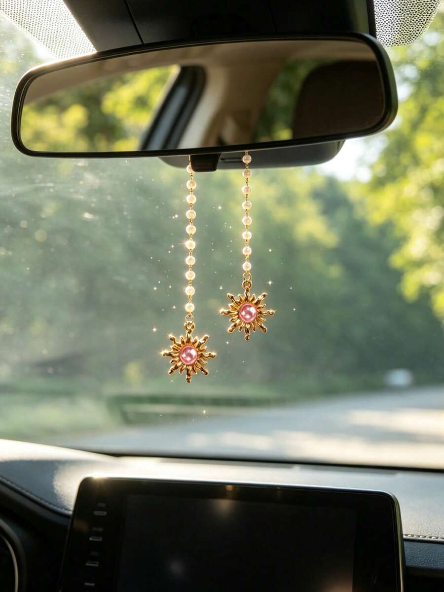 1件合金太陽珍珠鏈車用後視鏡掛飾,汽車內飾裝飾配件 - A - 查看 1