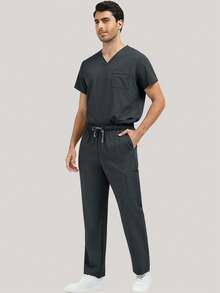 Men's Scrub Set, Breathable Lab Coat, Pet Grooming Salon Uniform, With Multiple Pockets - Grey - View 7