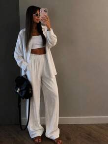 Chic Women's Striped Two Pieces Set Long Sleeve Shirt Collar Top And Matching Wide-Leg Pants, Perfect For A Relaxed Yet Polished Everyday Style - White - View 5