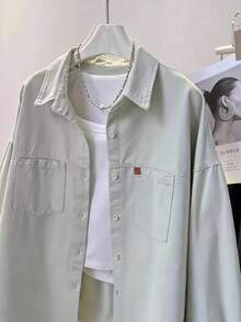 女士纯色前扣口袋休闲衬衫（春季款） - 淡綠色 - 查看 4