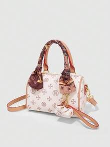 Women Mini Boston Bag Vintage Monogram PU Silk Scarf Decor Detachable Crossbody Strap Pendant Handheld Shoulder Bag Daily Travel - White - View 3
