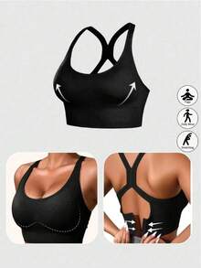 Women's Seamless Shock-Absorbing Sports Bra - Lightweight & Breathable, Suitable For Yoga & Light Workouts, Racerback Design, Wireless Support, Padded, Comfortable Yoga Camisole - Black - View 9