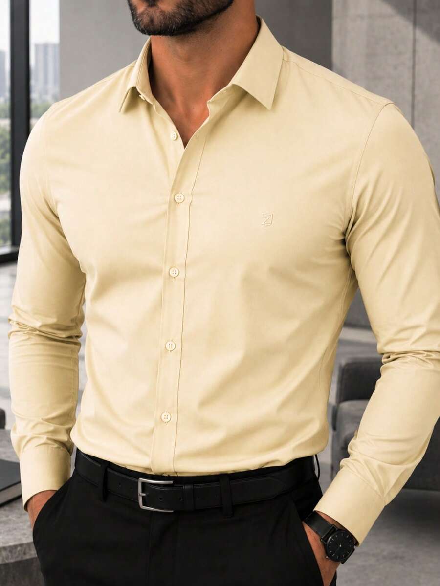 Men's Long Sleeve Spandex Dress Shirt - 米色 - 查看 1