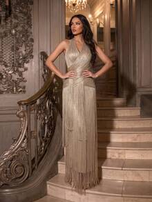 Modphy New Fashion Heavy Embellished Tassel Halter Neck Fitted Maxi Dress, Suitable For Elegant Ladies Fashion Party, Wedding Evening Gown - Apricot - View 5