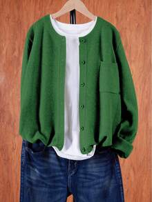 Women's Green Long Sleeve Button-Up Cardigan Round Neck Casual Loose Knit Top, Soft And Comfortable, Autumn Women's Outwear - Green - View 7