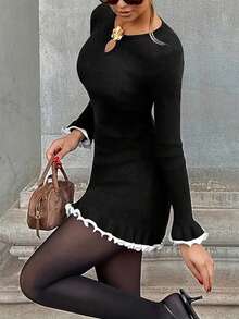 Women's Elegant Casual Round Neck Metal Button Knit Fitted Straight Shoulder Long Sleeve Ruffle Lace Mini Dress, Autumn/Winter - Multicolor - View 4