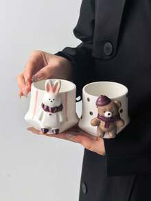 1pc 3D Scarf Bear & Rabbit Ceramic Mug, Hand-Pinch 3D Animal Polka Dot & Striped Water Cup, Cute Cartoon Coffee Cup - Multicolor - View 9
