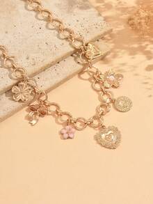 1 pièce Collier chaîne clavicule à pendentif multi-éléments avec décoration florale et nœud, bijou de cou de style vacances mode pour femmes, convient pour le port quotidien et les rassemblements de fête - Multicolore - Voir 3