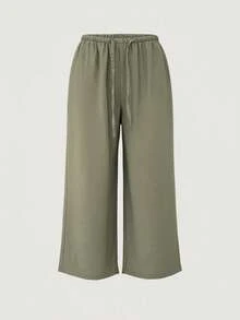 Women's 7/8 Length Wide Leg Pants, Summer New Elastic Waist Drawstring Breathable Slouchy Loose Casual Pants, Suitable For Daily Wear - Army Green - View 3