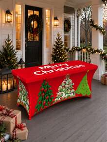 1pc Red Christmas Tree Print Fitted Tablecloth, Holiday Polyester Spandex Rectangular Full Coverage Elastic Tablecloth, Wrinkle-Resistant Protective Tablecloth, Suitable For Christmas Party Buffet Banquet Home Decor - Multicolor - View 6