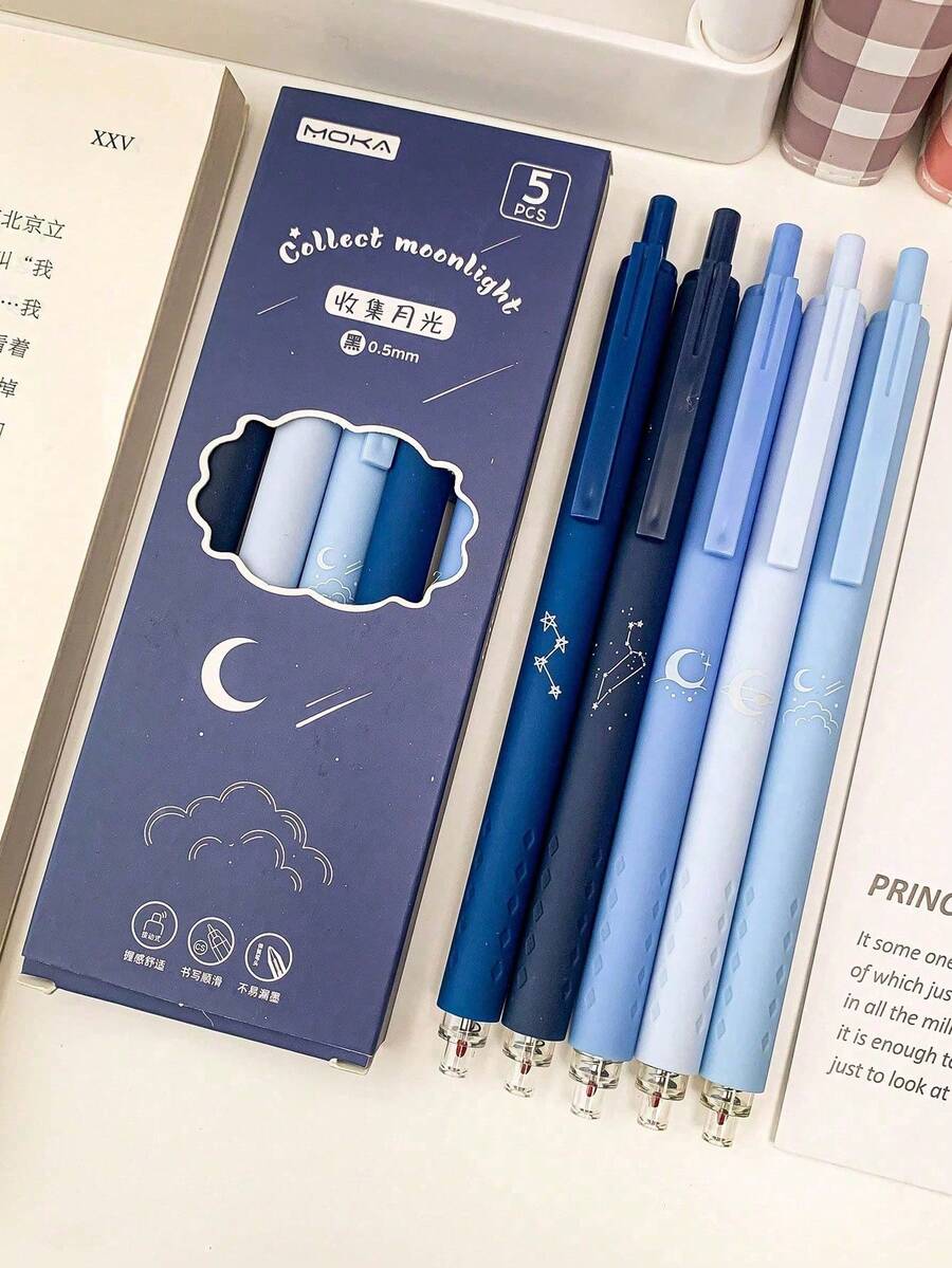 5 buah Pulpen Gel Klik Motif Bulan & Bintang, Set Pulpen Gel Roller Ball Multifungsi Minimalis, Cocok untuk Menggambar, Menulis, Perlengkapan Sekolah Penting - pulpen - View 1