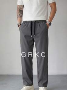 GRKC 男士休閒寬鬆百搭百褶設計抽繩彈性腰直筒長褲，春夏秋季 - 深灰色 - 查看 3