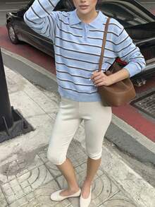 Women's Fashion Polo Collar Colorblock Button Knit Top, Long Sleeve Casual Sweater, Suitable For Autumn/Winter Daily Wear - Blue - View 9