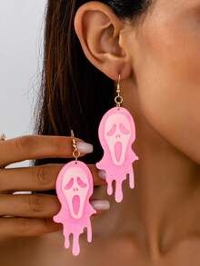 1 Pair Personalized Acrylic Glitter Blood-Dripping Screaming Ghost Face Earrings For Women, Halloween Horror Ghost Mask Long Earrings - Pink - View 1