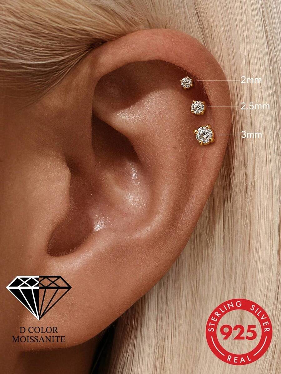 3pcs Four Leaf Clover Moissanite Stud Earrings For Women 925 Sterling Silver 18K Gold Plated Flower Hypoallergenic Jewelry For Anniversary Valentines - Gold - View 1