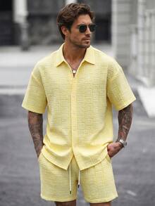 Camicia casual vintage da uomo, tessitura lavorata, abbigliamento da casa - Dorato - Visualizzare 1