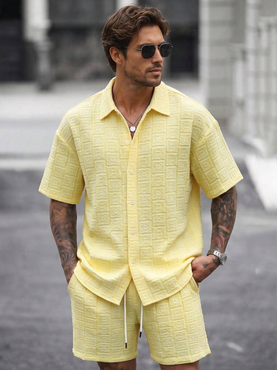 Camicia casual vintage da uomo, tessitura lavorata, abbigliamento da casa - Dorato - Visualizzare 1