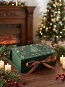 10pcs Christmas Gift Boxes With Ribbons, Christmas Tree & Snowflake Print Rectangular Gift Boxes, Luxury Flip-Top Candy & Cookie Packaging Boxes, Suitable For Holiday Chocolate, Cookies, Wedding Favors, Reusable Gift Giving & Storage Boxes (White) - Deep Green - View 5