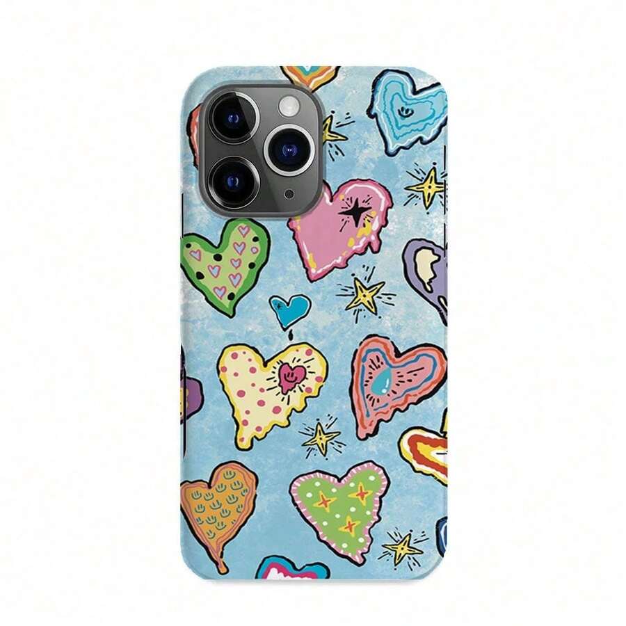 Colorful Hearts Phone Case, Whimsical Style, Blue & Multicolor, Heart Pattern And Hard Two - In - One Film Printing Full Coverage Pattern Phone Case For Apple 16 Pro Max, 15/14 PLUS, 13/12/11 Pro - 白色 - 查看 1