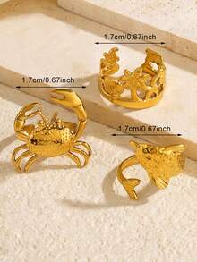 3pcs Stainless Steel 18K Gold Plated Summer Vacation Casual Style Dolphin Coconut Tree Crab Ring Set, Suitable For Women's Daily And Holiday Wear - Multicolor - View 5