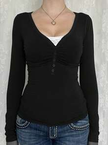 Women's Y2K Autumn Casual Sexy Solid Color Lace Contrast Slim Fit Long Sleeve V-Neck Top Suitable For Home Daily Commute Wear Going Out Back To School - Black - View 10