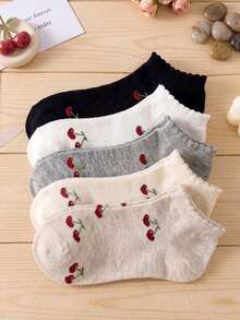 5 Pairs Girls' Cute Cherry Pattern Minimalist Thin Ankle Socks, Ruffled Hem Design, Christmas Gift, Fashionable Ins Style Comfortable White Socks, Random Colors, Suitable For All Seasons - Multicolor - View 7
