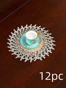 HXARTMIS 1PC Vintage Floral Lace Round Placemat, Embroidered Hollow Lace Trim Decorative Table Mat, Home Tabletop Decor - Light Coffee - View 15
