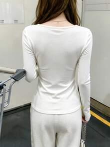 Women's White Long Sleeve Knit Top, V-Neck Twist Design, Regular Fit, Medium Stretch Brushed Fabric, Suitable For Autumn Daily Wear - White - View 7