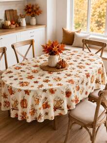 1pc Pumpkin Spice Coffee Round Tablecloth, Cream Polyester Dining Table Cover With Latte Cup, Cinnamon Stick, Pumpkin And Maple Leaf Print, Decorative Table Linen For Kitchen, Dining Room, Fall Gathering, Thanksgiving And Home Decor - Multicolor - View 12