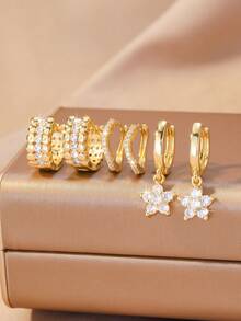 6pcs/Set Flower Cubic Zirconia Earrings, Women's Fashion Luxury Elegant Style Delicate Ear Drops Ear Jewelry, Suitable For Daily Wear And Dating - Gold - View 6